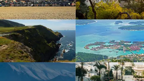En la fila de la izquierda, de arriba a abajo, vemos La Haya (Países Bajos), la isla de Skellig Michael (Irlanda), y Reikiavik (Islandia), mientras en la fila de la derecha, de arriba a abajo, vemos Atenas (Grecia), las islas Seychelles y Cádiz (España). En la fila de la izquierda, de arriba a abajo, vemos La Haya (Países Bajos), la isla de Skellig Michael (Irlanda), y Reikiavik (Islandia), mientras en la fila de la derecha, de arriba a abajo, vemos Atenas (Grecia), las islas Seychelles y Cádiz (España).