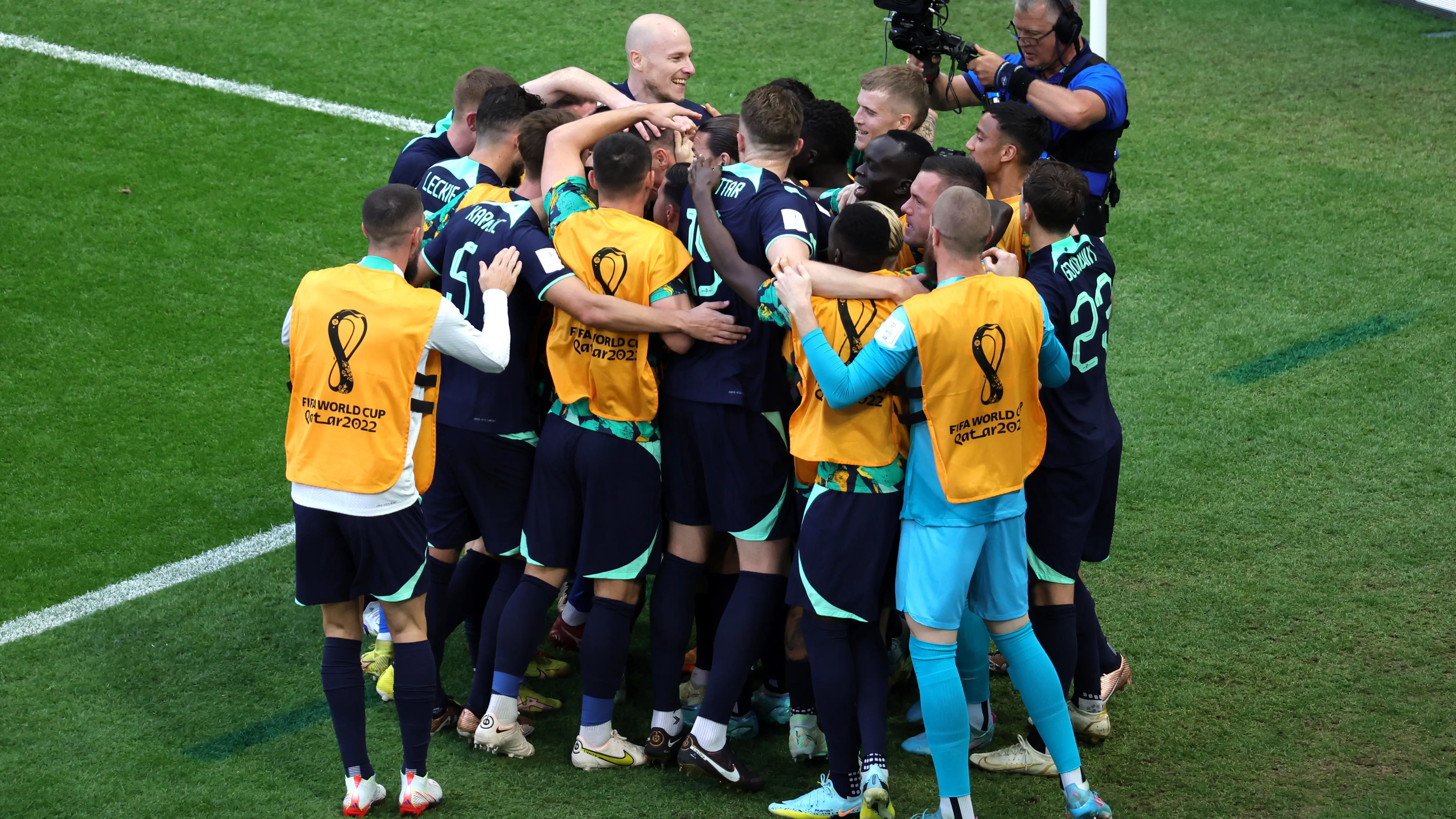 Los jugadores australianos celebran el gol de Duke ante Túnez Los jugadores australianos celebran el gol de Duke ante Túnez