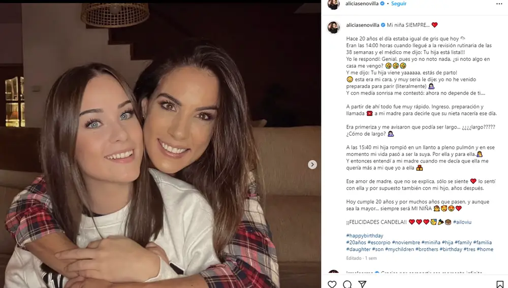 Alicia Senovilla felicita a su hija Candela por su 20 cumpleaños