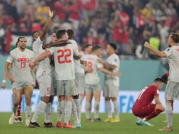 Los jugadores suizos celebran la victoria frente a Serbia y el pase a octavos
