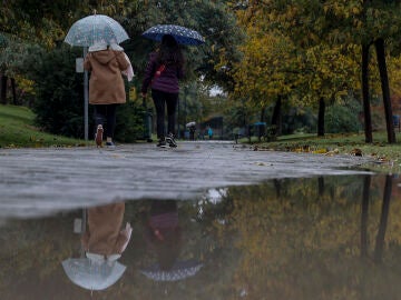Imagen de dos personas con paraguas bajo la lluvia