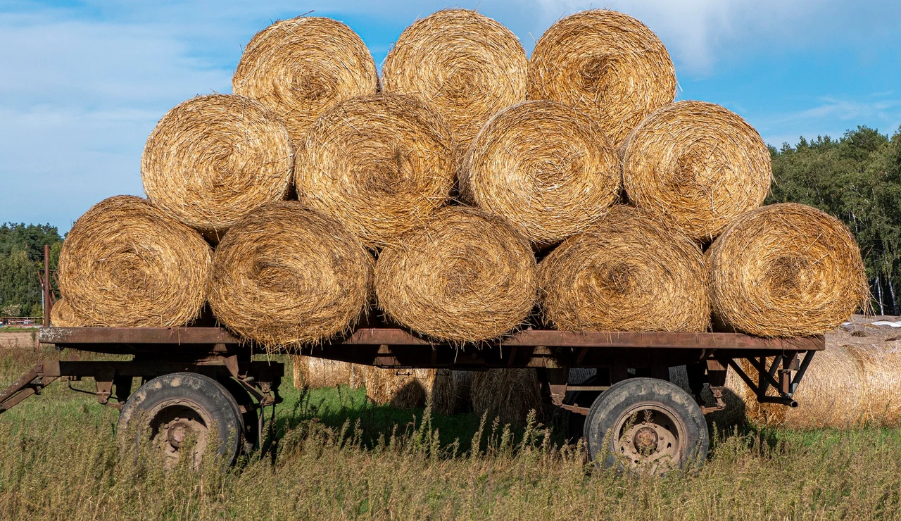 Imagen de archivo de un tractor con pacas de paja