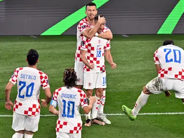 Celebración de los jugadores croatas tras el tanto de Orsic Celebración de los jugadores croatas tras el tanto de Orsic