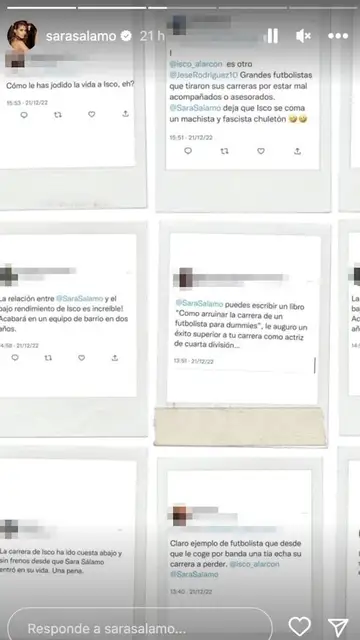 Sara Sálamo comparte los mensajes que la responsabilizan del "bajo rendimiento" de Isco Alarcón Sara Sálamo comparte los mensajes que la responsabilizan del "bajo rendimiento" de Isco Alarcón