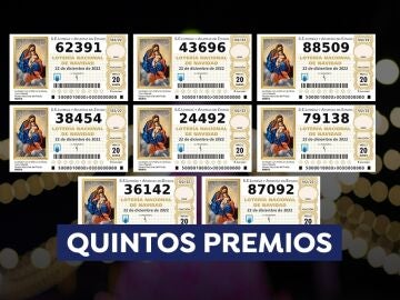 Todos los quintos premios de la Lotería de Navidad 2022