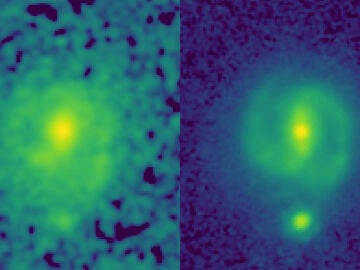 Imágenes de la galaxia EGS23205. A la izquierda la tomada por el telescopio Hubble y a la derecha la del James Webb