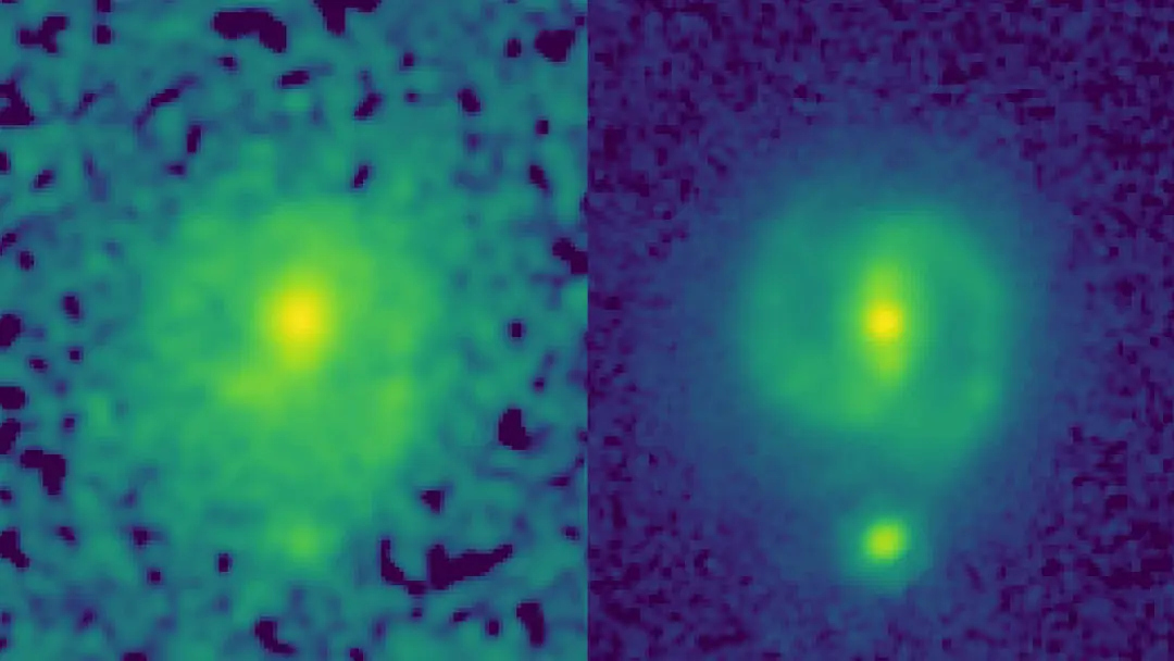 Imágenes de la galaxia EGS23205. A la izquierda la tomada por el telescopio Hubble y a la derecha la del James Webb Imágenes de la galaxia EGS23205. A la izquierda la tomada por el telescopio Hubble y a la derecha la del James Webb