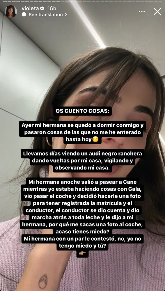 Violeta Mangriñán cuenta que lleva días "viendo a un Audi negro ranchera" por su casa