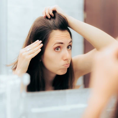 Chica mirándose el pelo en el espejo haciendo una mueca