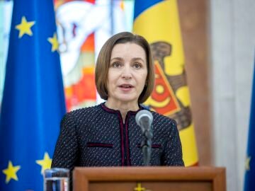 La presidenta de Moldavia, Maia Sandu, en una rueda de prensa este lunes en Chisinau.