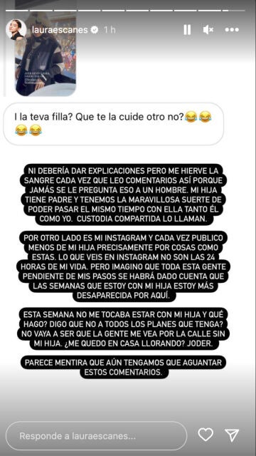 Laura Escanes estalla ante la impertinente pregunta de un/a seguidor/a