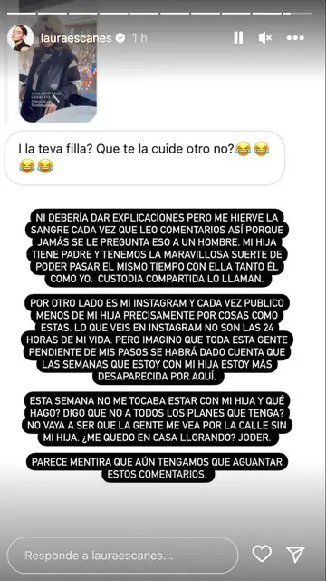 Laura Escanes estalla ante la impertinente pregunta de un/a seguidor/a Laura Escanes estalla ante la impertinente pregunta de un/a seguidor/a