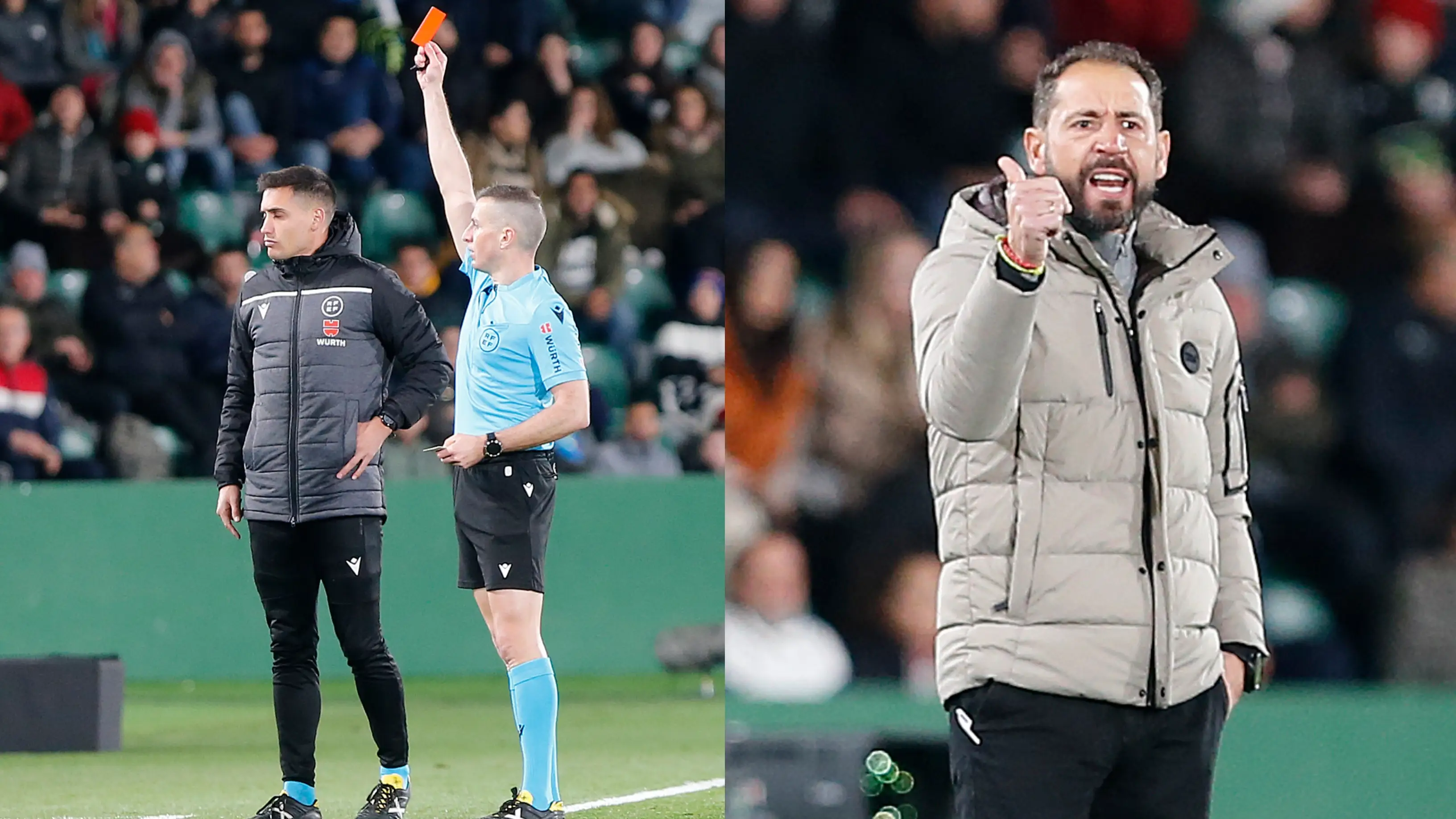 Iglesias Villanueva expulsando a un jugador del Elche y Pablo Machín quejándose de una decisión arbitral Iglesias Villanueva expulsando a un jugador del Elche y Pablo Machín quejándose de una decisión arbitral