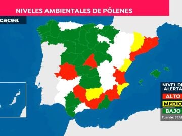 Mapa de los niveles ambientales de pólenes en España, a 20 de marzo