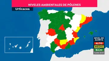Mapa de los niveles ambientales de pólenes en España, a 20 de marzo