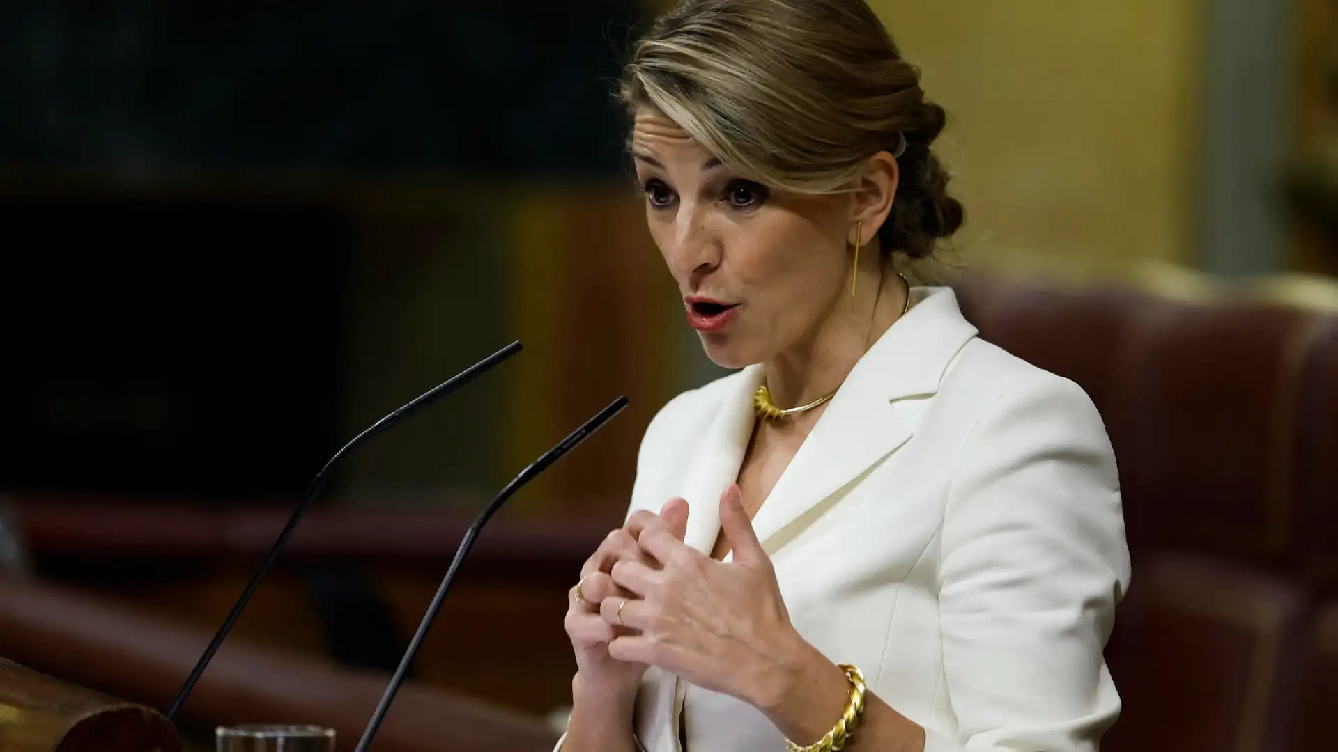La vicepresidenta segunda del Gobierno, Yolanda D&iacute;az, durante su intervenci&oacute;n en el debate de la moci&oacute;n de censura de Vox