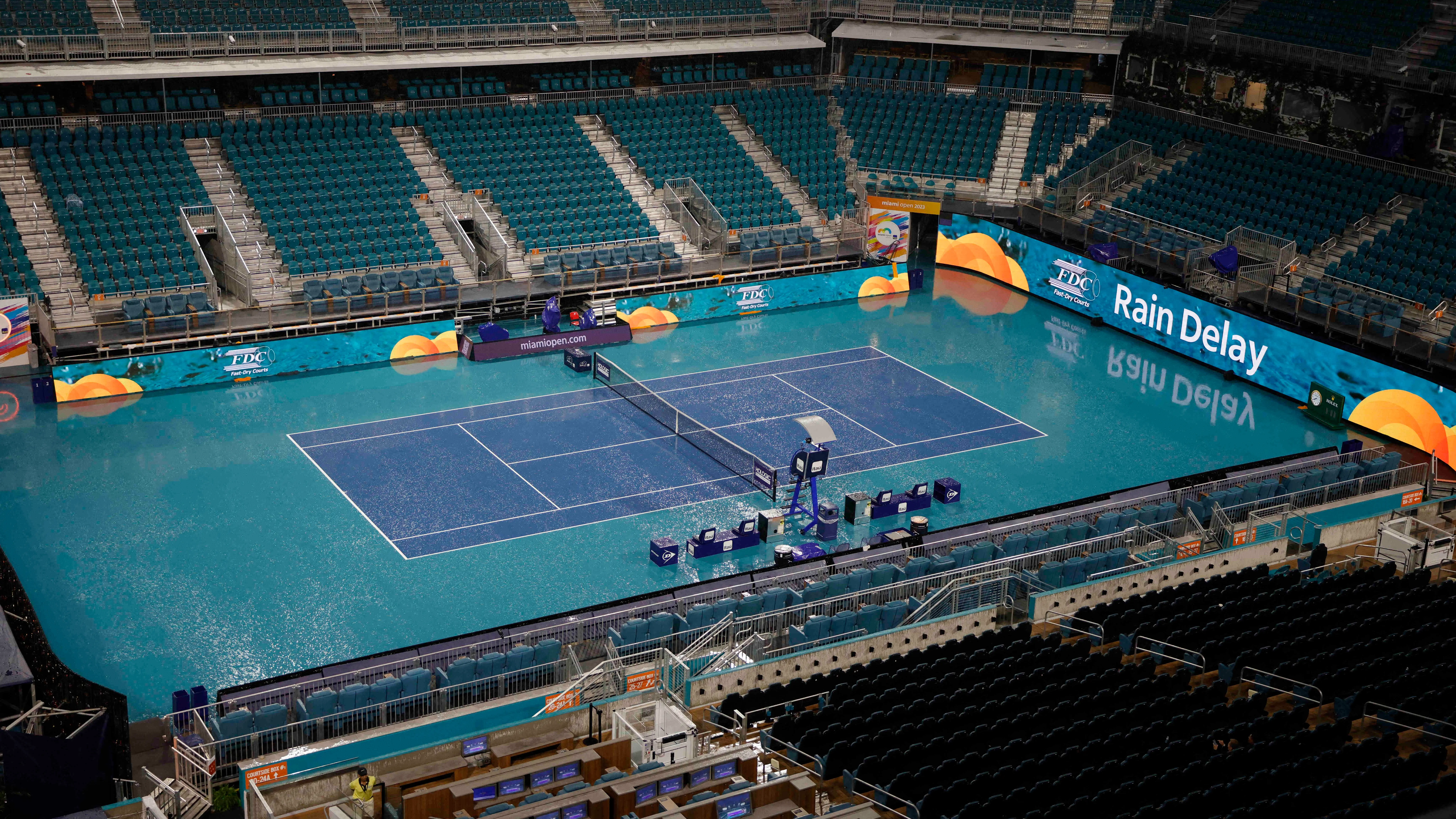 La pista del Hard Rock Stadium bajo la lluvia La pista del Hard Rock Stadium bajo la lluvia