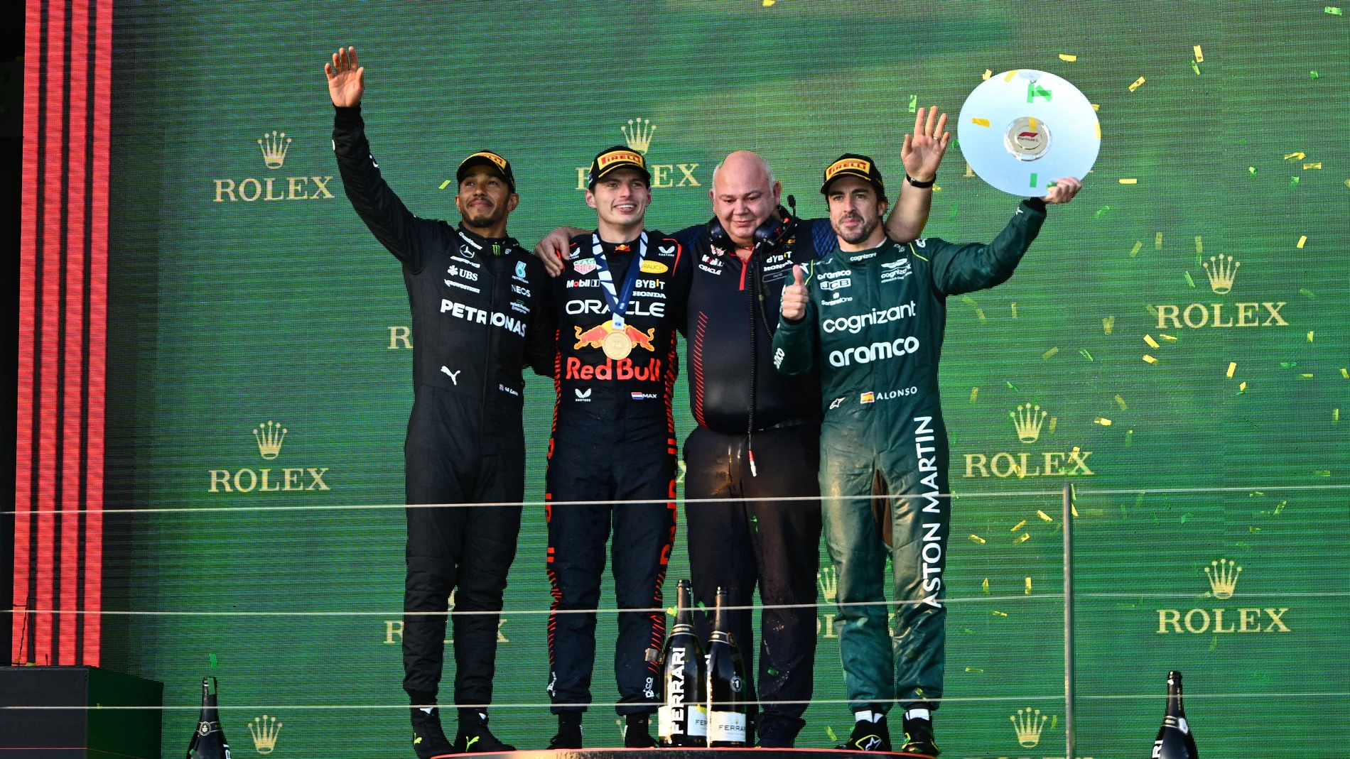 Verstappen, Hamilton y Alonso, en el podio del GP de Australia 2023
