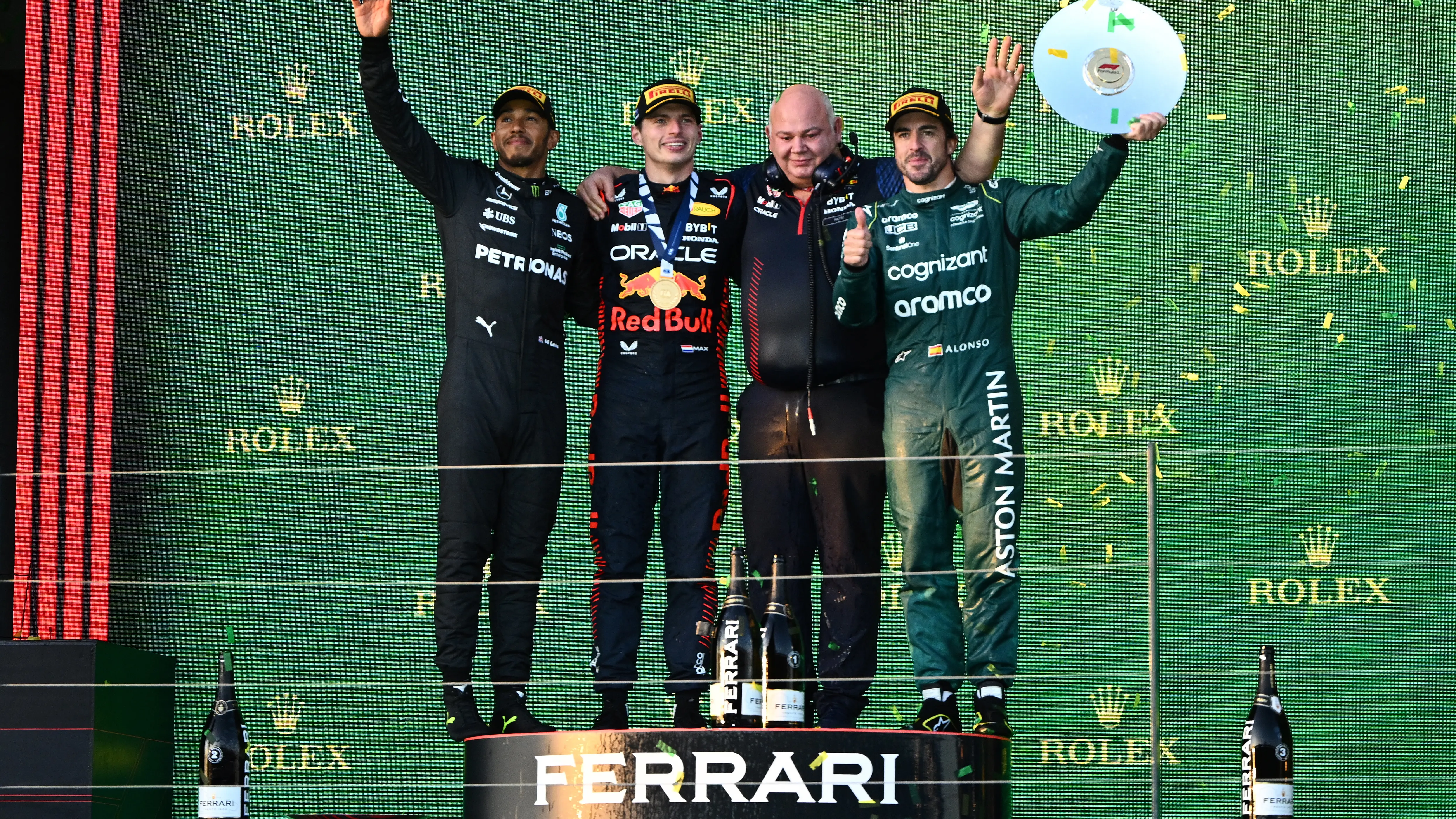 Verstappen, Hamilton y Alonso, en el podio del GP de Australia 2023 Verstappen, Hamilton y Alonso, en el podio del GP de Australia 2023