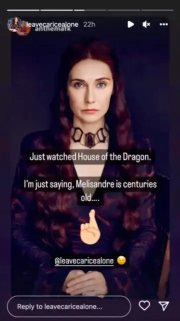 Carice Van Houten, Melisandre en 'Juego de Tronos' en sus historias de Instagram Carice Van Houten, Melisandre en 'Juego de Tronos' en sus historias de Instagram
