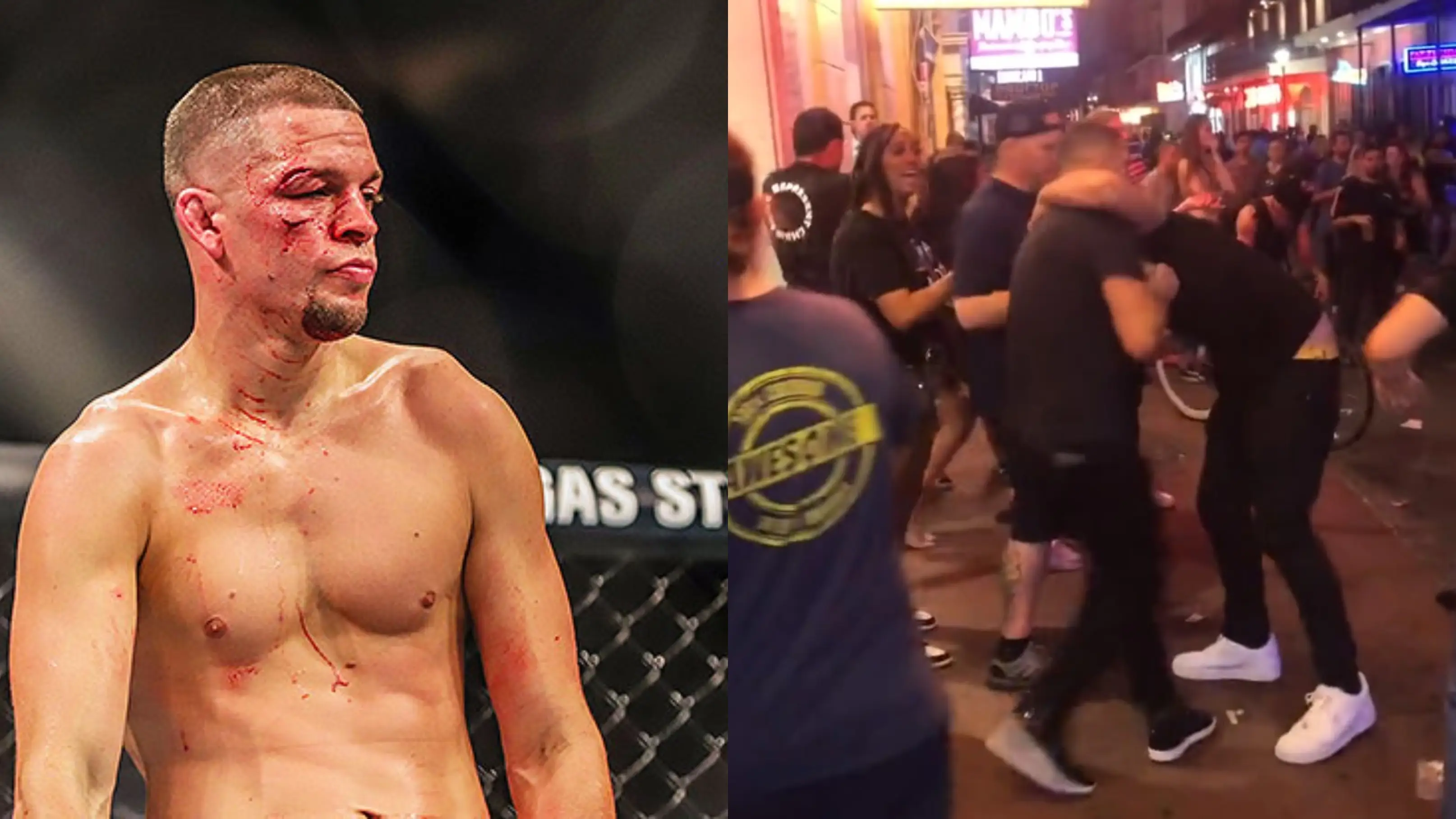 Nate Diaz, en un combate en la UFC y durante su pelea en Nueva Orleans