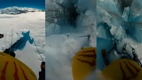 Momento en que un esquiador cae por una grieta en La Grave 