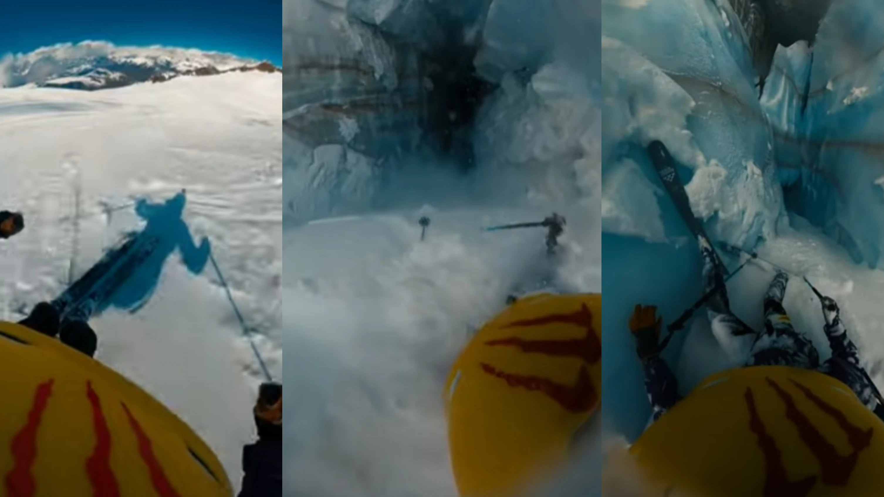 Momento en que un esquiador cae por una grieta en La Grave Momento en que un esquiador cae por una grieta en La Grave