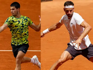 Alcaraz y Dimitrov en sus respectivos debuts en el MMO 2023 Alcaraz y Dimitrov en sus respectivos debuts en el MMO 2023