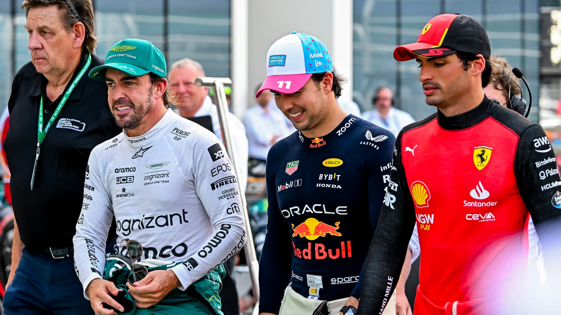 Fernando Alonso, Checo Pérez y Carlos Sainz tras la qualy del GP de Miami