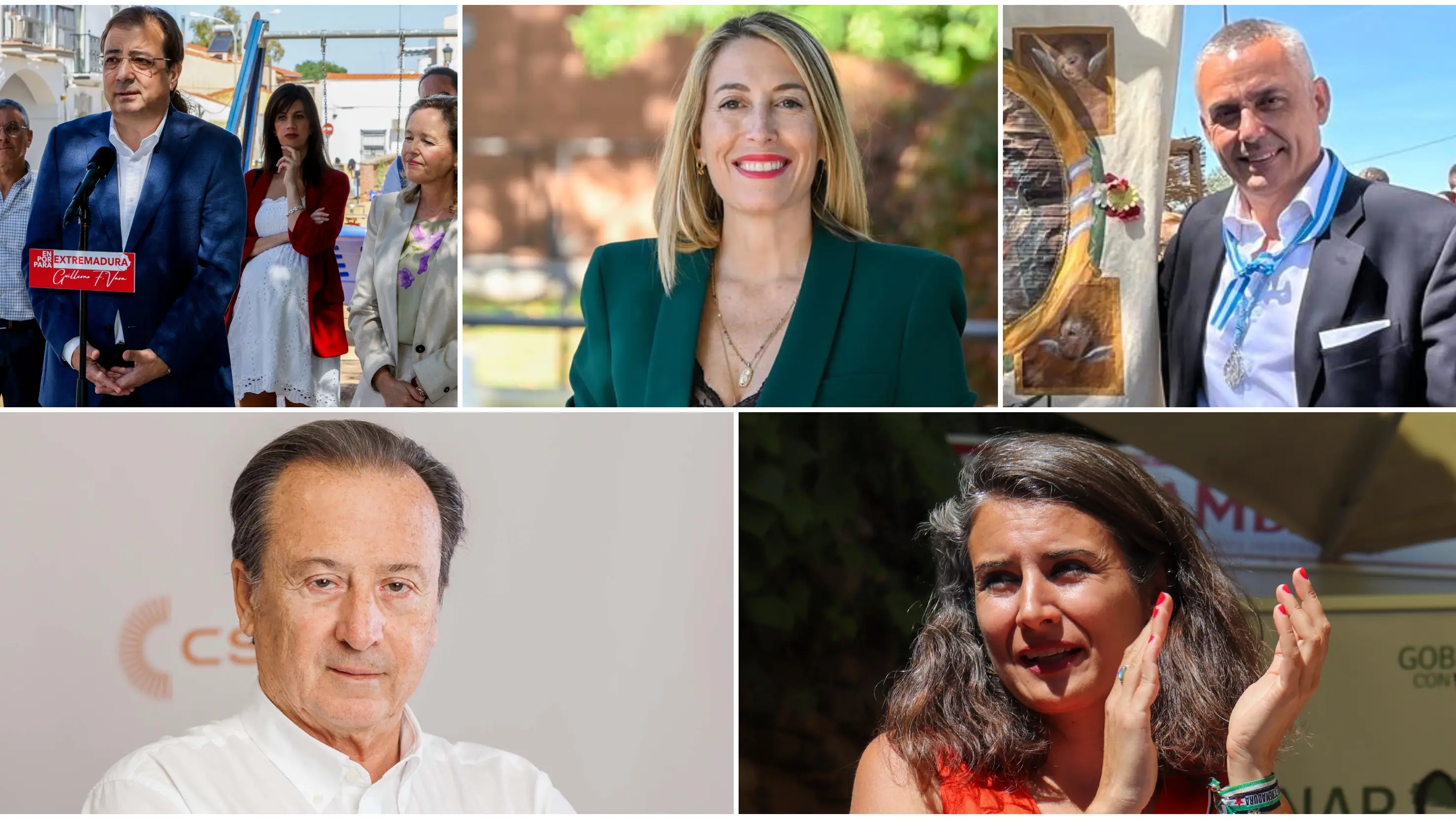 El candidato del PSOE, Guillermo Fernández Vara (arriba, a la izquierda); la candidata del PP, María Guardiola (arriba, en el centro); el candidato de Vox, Ángel Pelayo Gordillo (arriba, a la derecha); el candidato de Ciudadanos, Fernando Baselga (abajo, a la izquieda); la candidata de Unidas por Extremadura, Irene de Miguel (abajo, a la derecha). El candidato del PSOE, Guillermo Fernández Vara (arriba, a la izquierda); la candidata del PP, María Guardiola (arriba, en el centro); el candidato de Vox, Ángel Pelayo Gordillo (arriba, a la derecha); el candidato de Ciudadanos, Fernando Baselga (abajo, a la izquieda); la candidata de Unidas por Extremadura, Irene de Miguel (abajo, a la derecha).