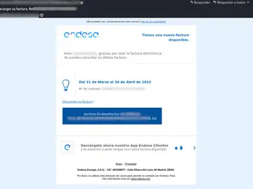 Imagen del correo fraudulento que suplanta a Endesa Imagen del correo fraudulento que suplanta a Endesa