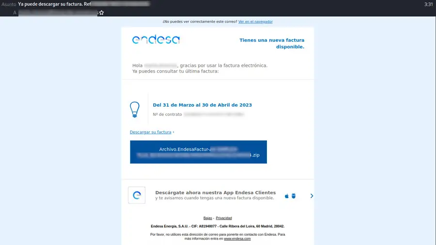 Imagen del correo fraudulento que suplanta a Endesa Imagen del correo fraudulento que suplanta a Endesa