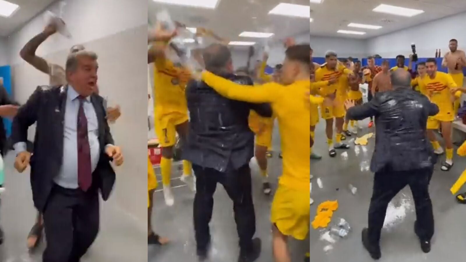 Joan Laporta, desatado en el vestuario de Cornellá por el título de Liga