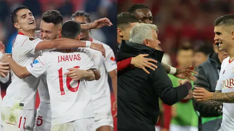 Los jugadores de Sevilla y Roma celebran el pase a la final de la Europa League