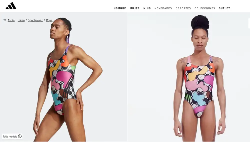 Modelo hombre luciendo un traje de baño de la sección de la web con prendas para la mujer