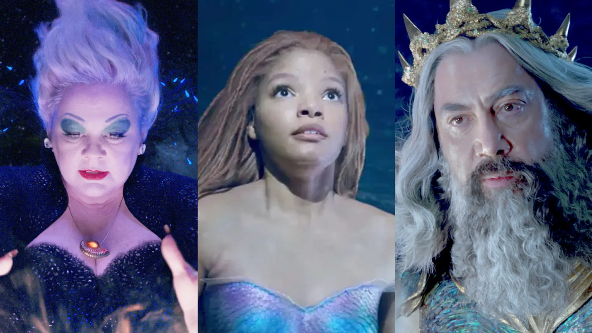 Melissa McCarthy, Halle Bailey y Javier Bardem como Úrsula, Airel y Tritón en 'La Sirenita'