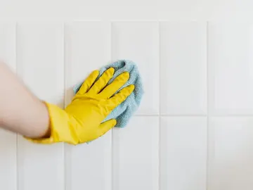 Lavando las juntas de las baldosas de la pared del baño Lavando las juntas de las baldosas de la pared del baño