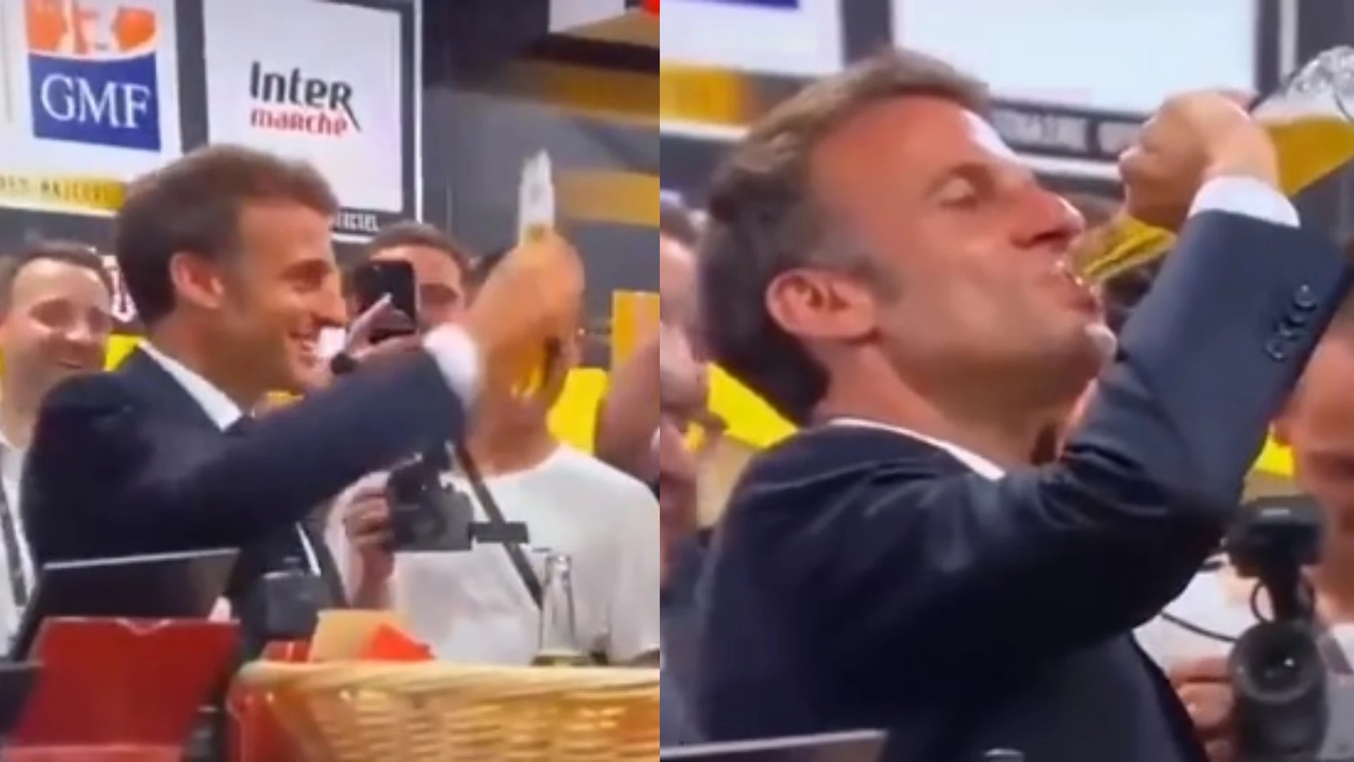 Emmanuel Macron, en el momento de beberse una cerveza de trago