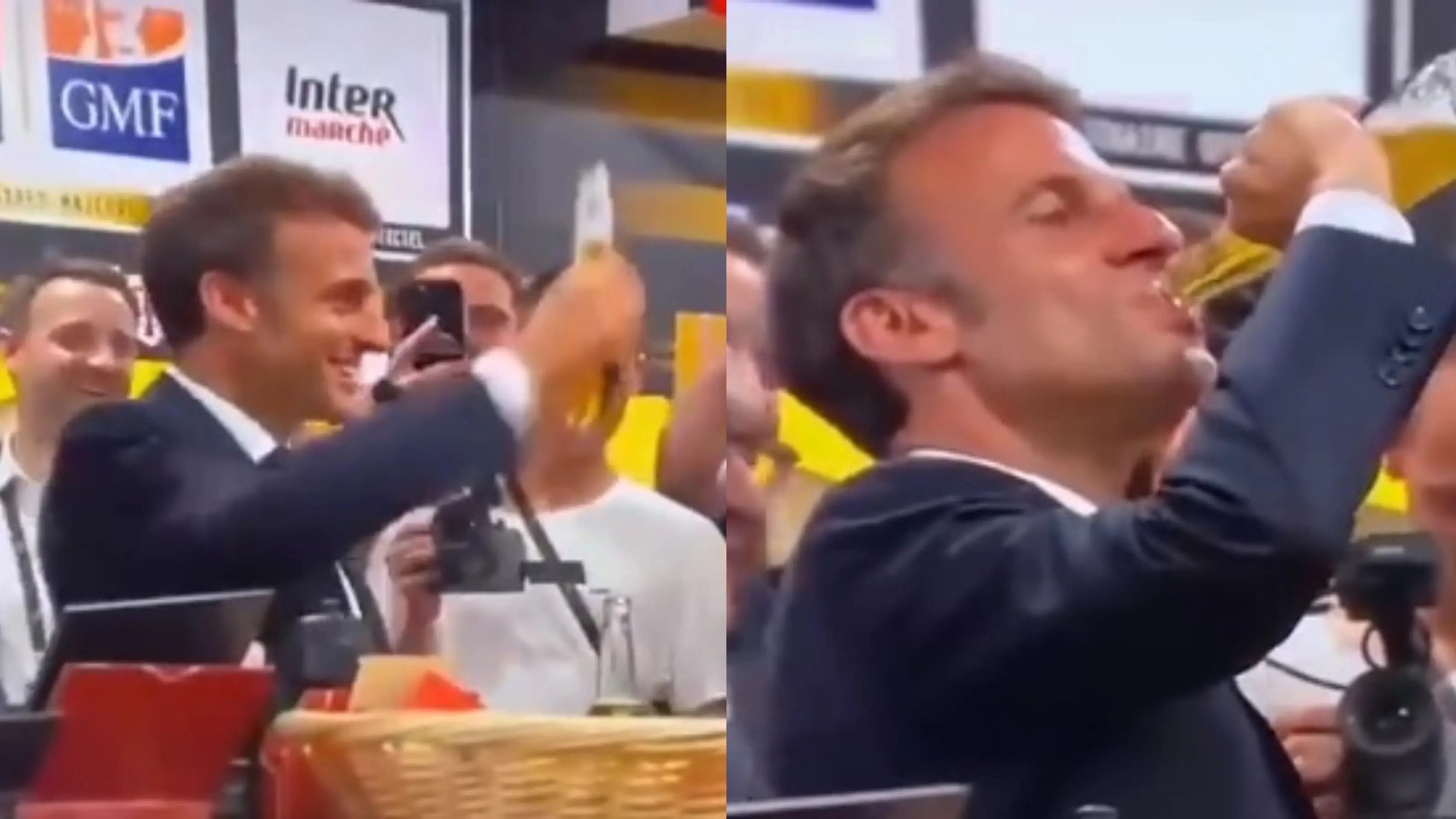 Emmanuel Macron, en el momento de beberse una cerveza de trago Emmanuel Macron, en el momento de beberse una cerveza de trago