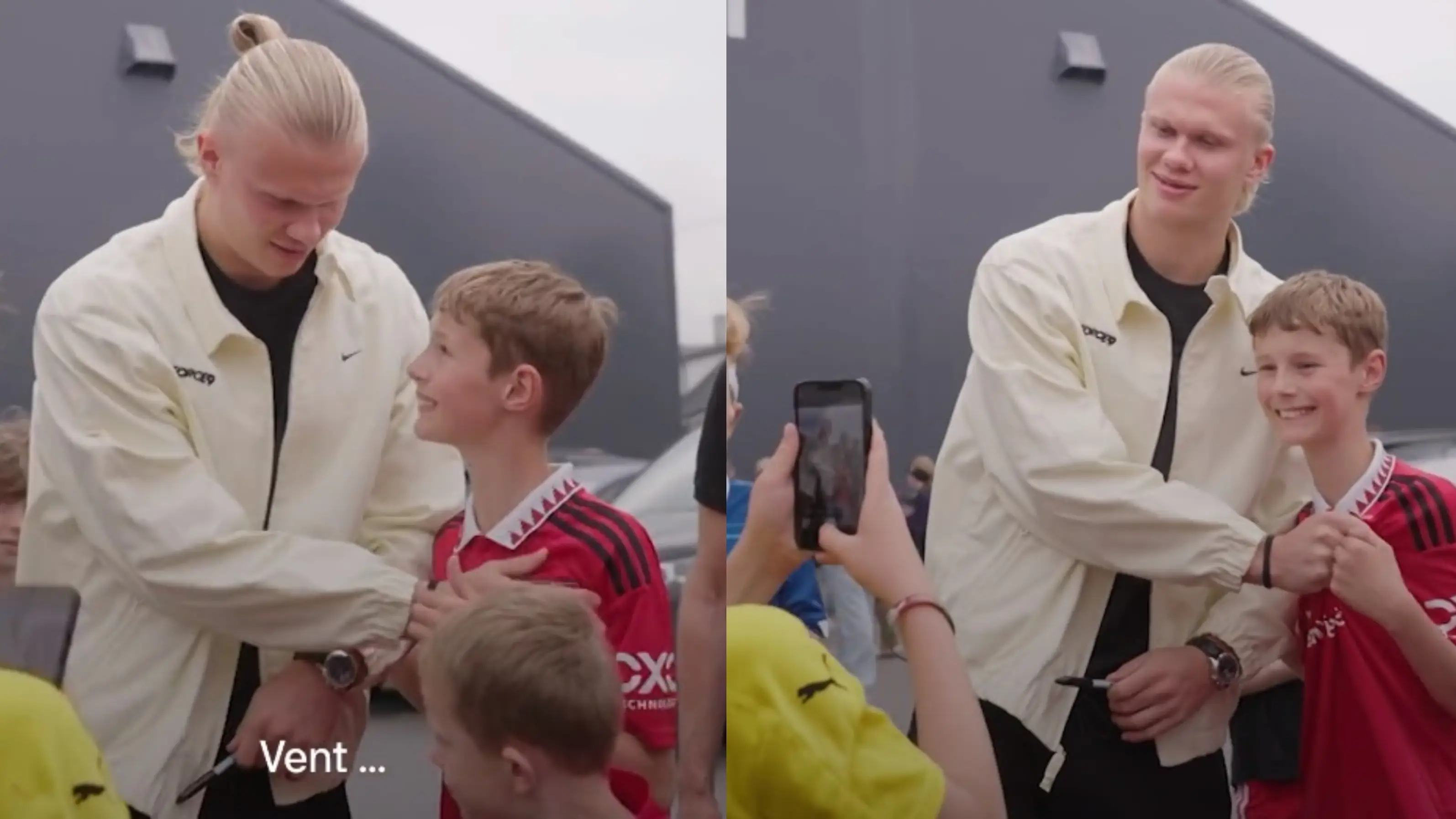 Erling Haaland se hace una foto con un aficionado del United