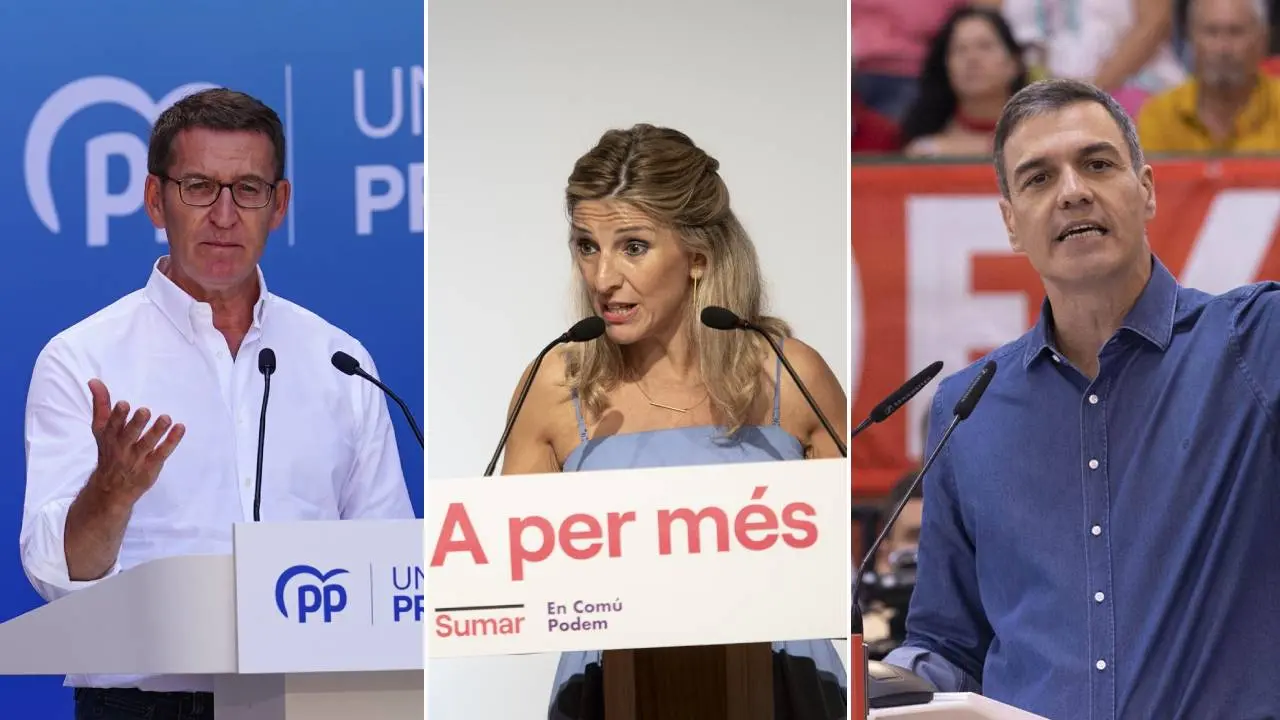 Montaje fotogr&aacute;fico con Feij&oacute;o, Yolanda D&iacute;az y Pedro S&aacute;nchez