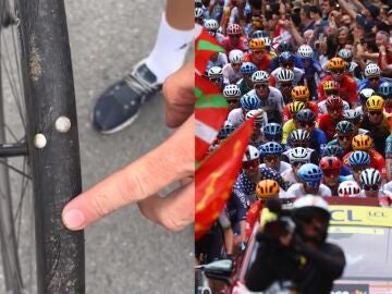 Imagen de las chinchetas en una rueda y el paso del pelotón del Tour de Francia
