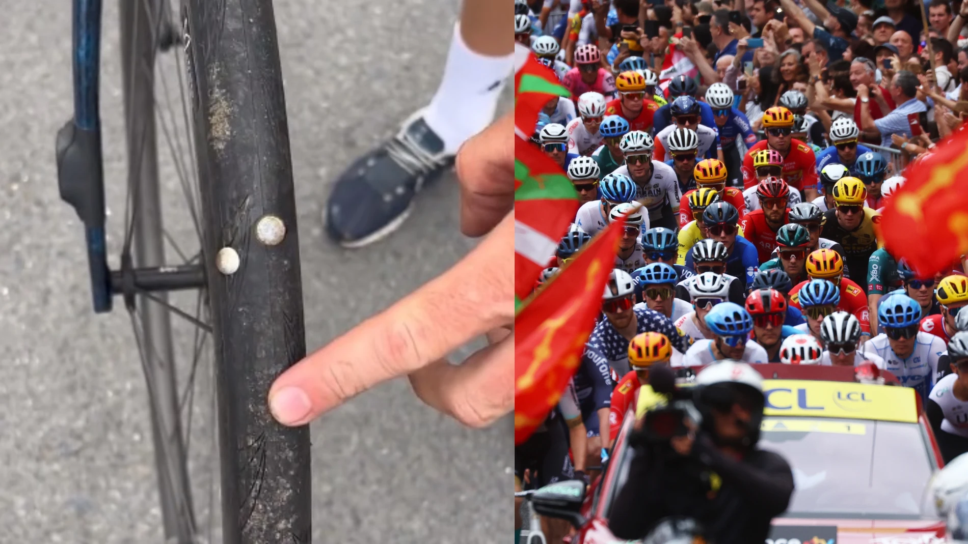 Imagen de las chinchetas en una rueda y el paso del pelotón del Tour de Francia
