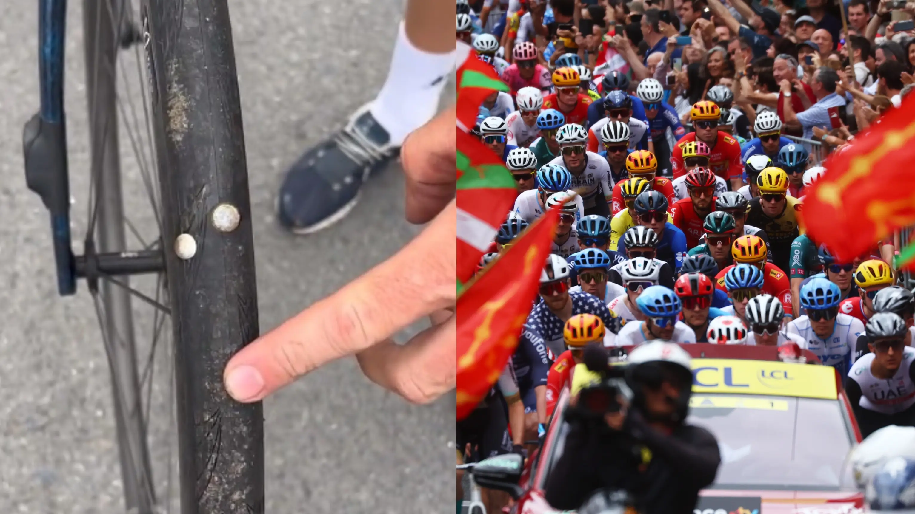 Imagen de las chinchetas en una rueda y el paso del pelotón del Tour de Francia Imagen de las chinchetas en una rueda y el paso del pelotón del Tour de Francia