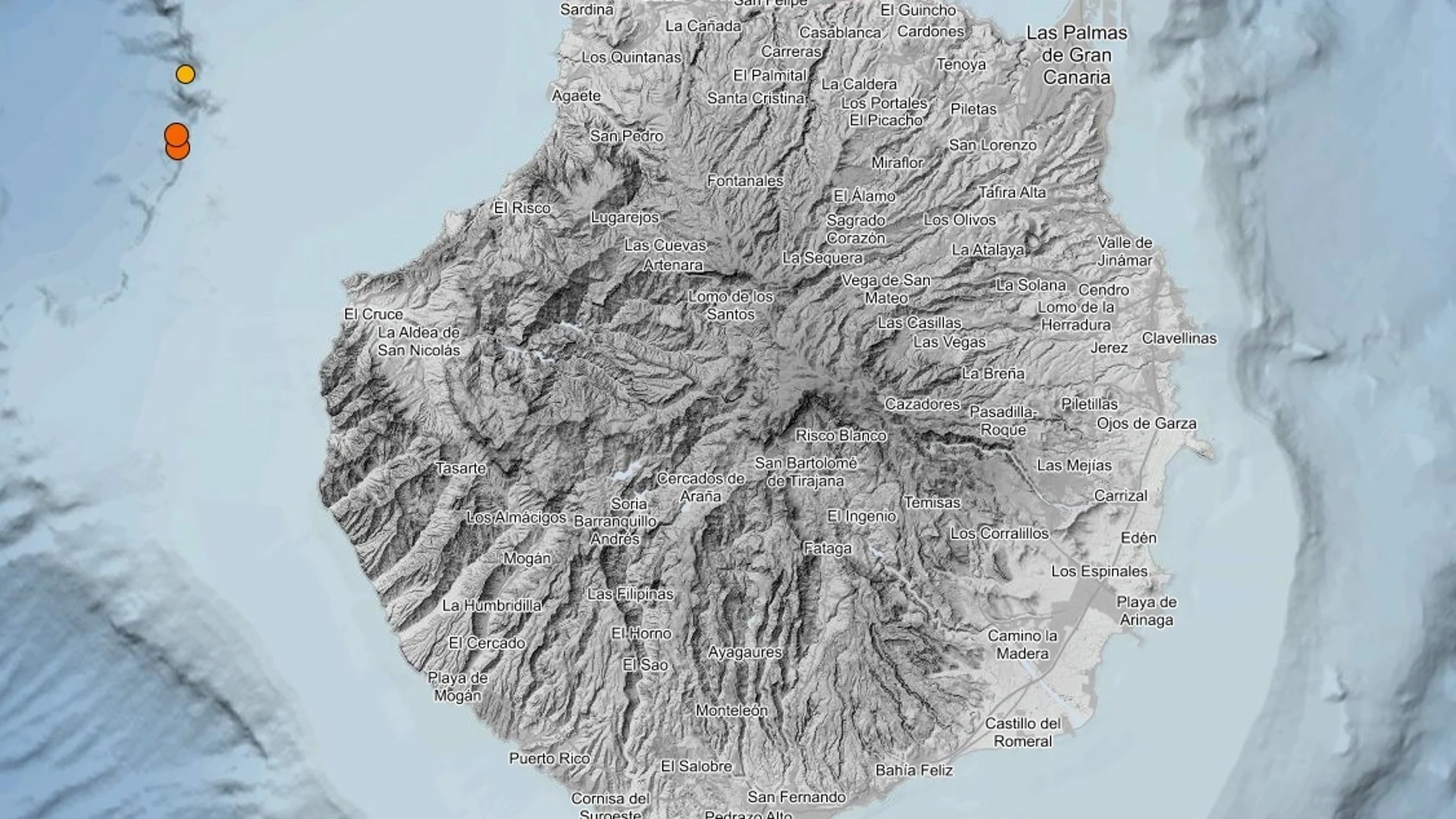 Mapa del IGN de la isla de Gran Canaria con la ubicación de los tres terremotos de este jueves