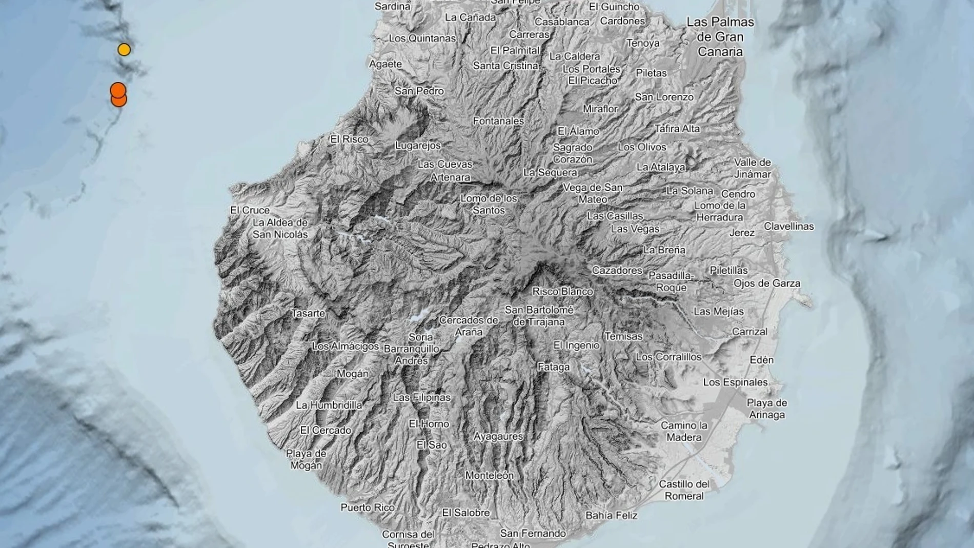 Mapa del IGN de la isla de Gran Canaria con la ubicación de los tres terremotos de este jueves Mapa del IGN de la isla de Gran Canaria con la ubicación de los tres terremotos de este jueves