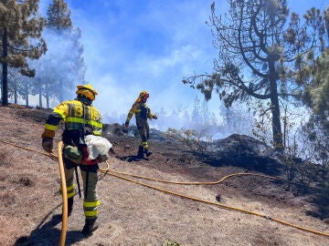 Bomberos extinguiendo el incendio de La Palma 