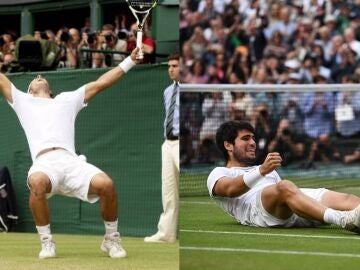 Nadal y Alcaraz, en el momento de sus victorias en 2008 y 2023 en Wimbledon