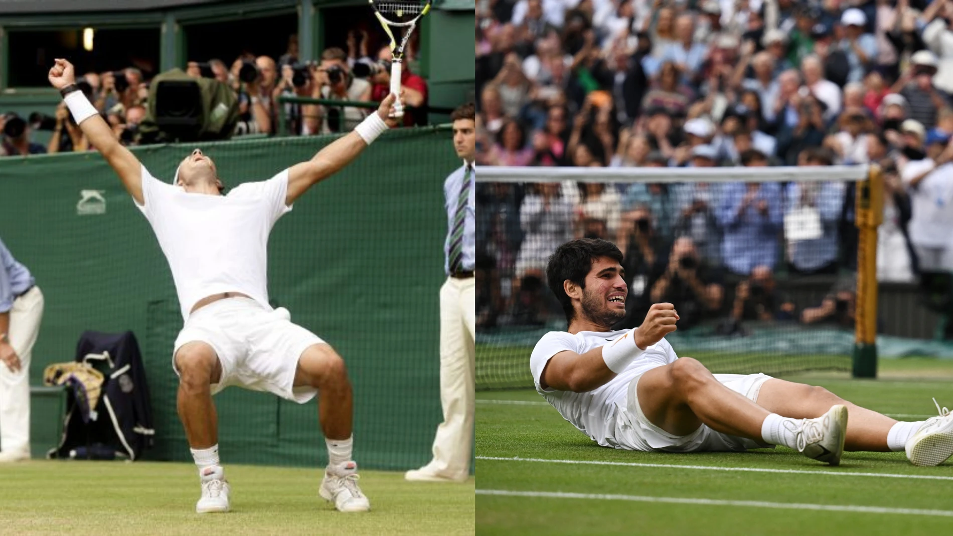 Nadal y Alcaraz, en el momento de sus victorias en 2008 y 2023 en Wimbledon