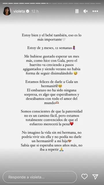 Violeta Mangriñán revela de cuántas semanas se encuentra Violeta Mangriñán revela de cuántas semanas se encuentra